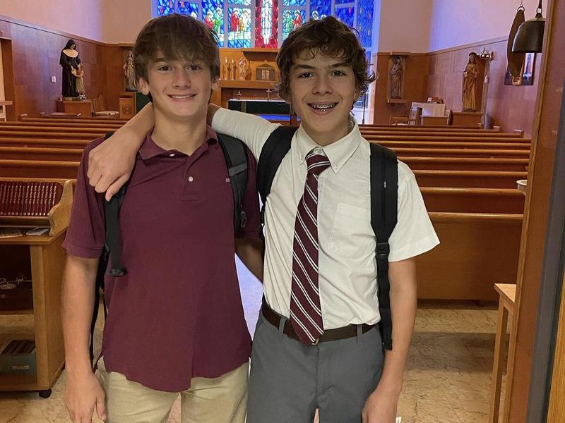 students together at the chapel at Bishop Stang.